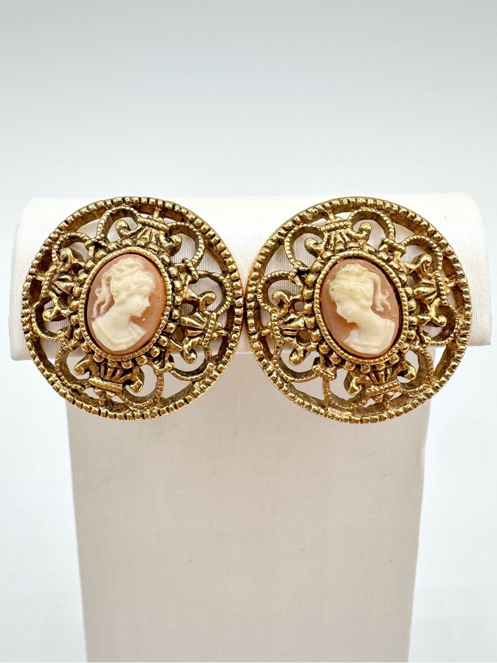 Vintage 1928 Filigree Cameo Stud Earrings Romantic Gold Tone Victorian Revival